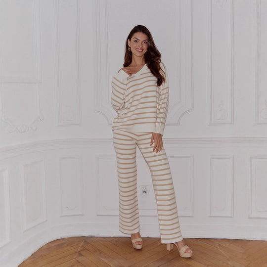 Damen lässiges Strickanzug-Set mit breiten Streifen R&B
