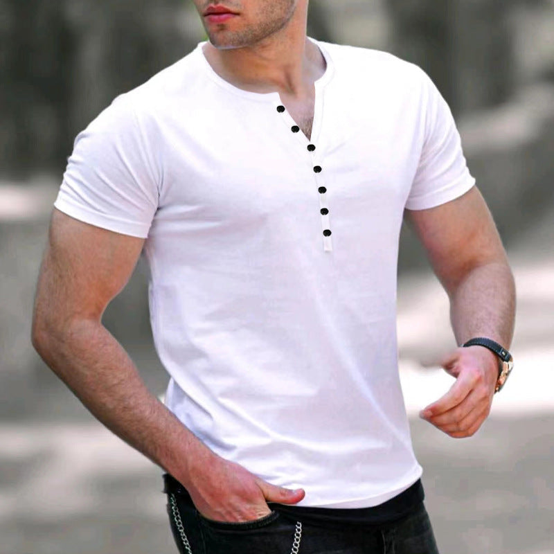 Herren Kurzarm-Henley-T-Shirt mit Knopfleiste und weichem Baumwollmaterial R&B