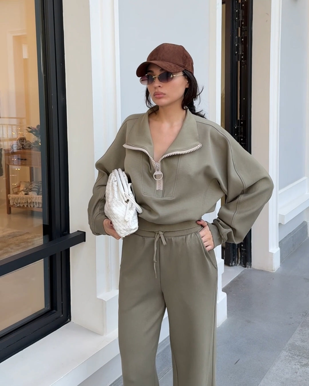 Damen gemütliches Fleece-Loungewear-Set mit hochgezogenem Kragen und lockerer Passform R&B