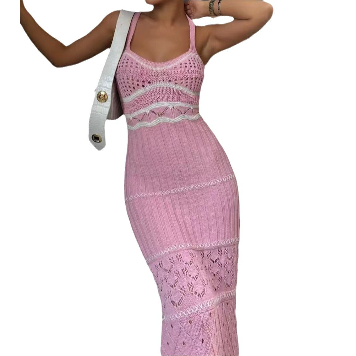 Damen Strick-Maxikleid mit raffinierten Häkelmustern und seitlichem Schlitz R&B