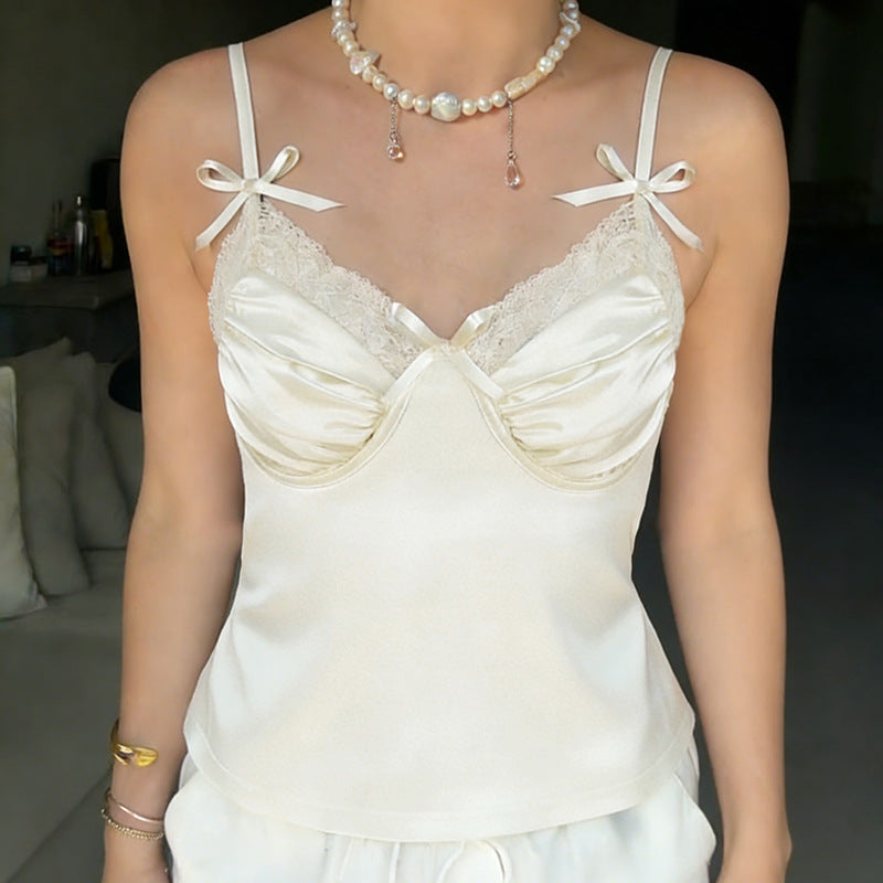 Damen Satin-Camisole mit Spitze und verspielten Schleifen R&B
