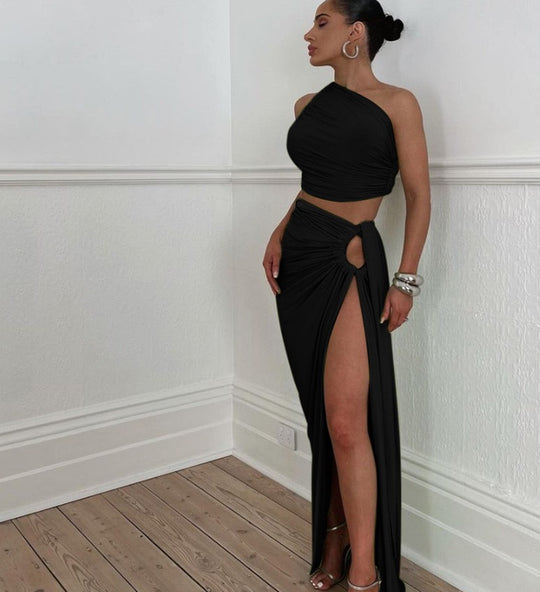 Damen Zweiteiliges Set mit knielangem Rock und Bardot-Oberteil R&B