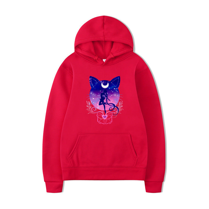 Damen Kapuzenpullover mit künstlerischem Katzenmotiv und bequemer Passform R&B