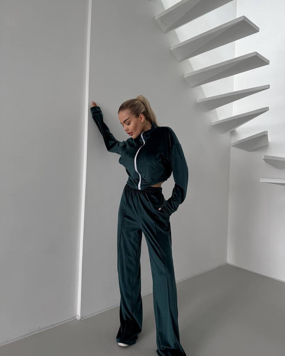 Damen sportlicher Fleece-Jogginganzug mit gestochenem Reißverschluss und weichem Innenfutter R&B