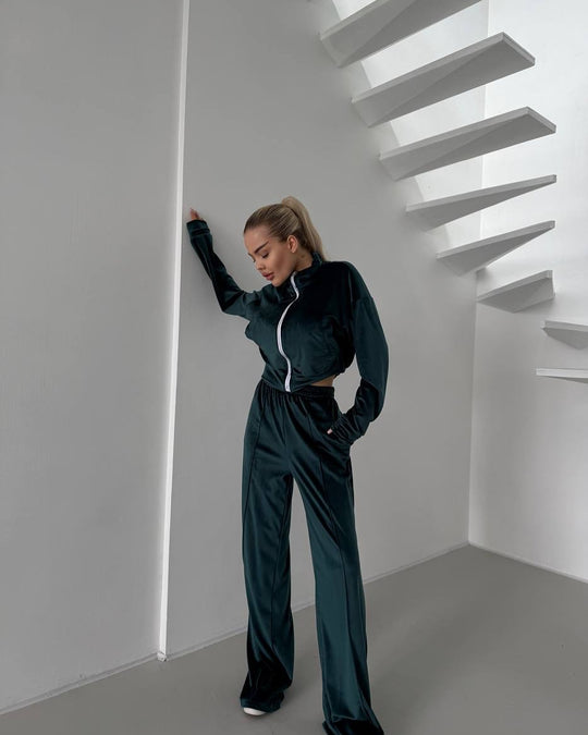 Damen sportlicher Fleece-Jogginganzug mit gestochenem Reißverschluss und weichem Innenfutter R&B