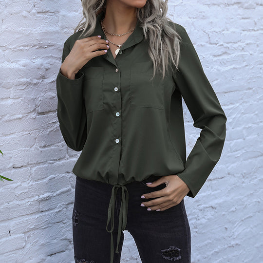 Damen elegante Bluse mit Knopfverschluss und taillierbarem Saum R&B