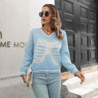 Damen Strickpullover mit kreativem Rippenmuster und V-Ausschnitt R&B
