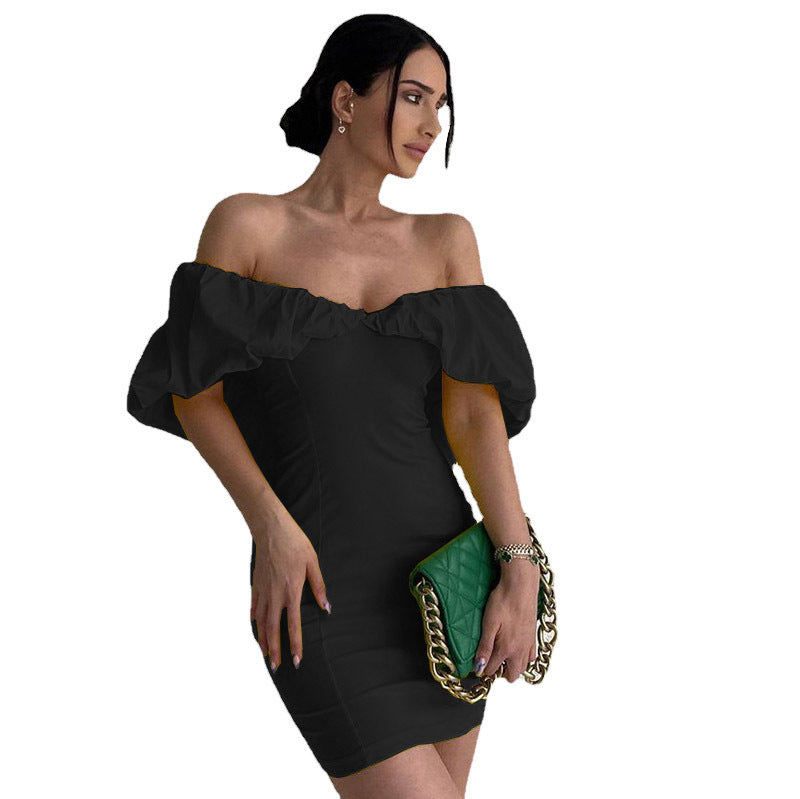Damen Kurzarm Minikleid mit schulterfreiem Design und Rüschensaum R&B