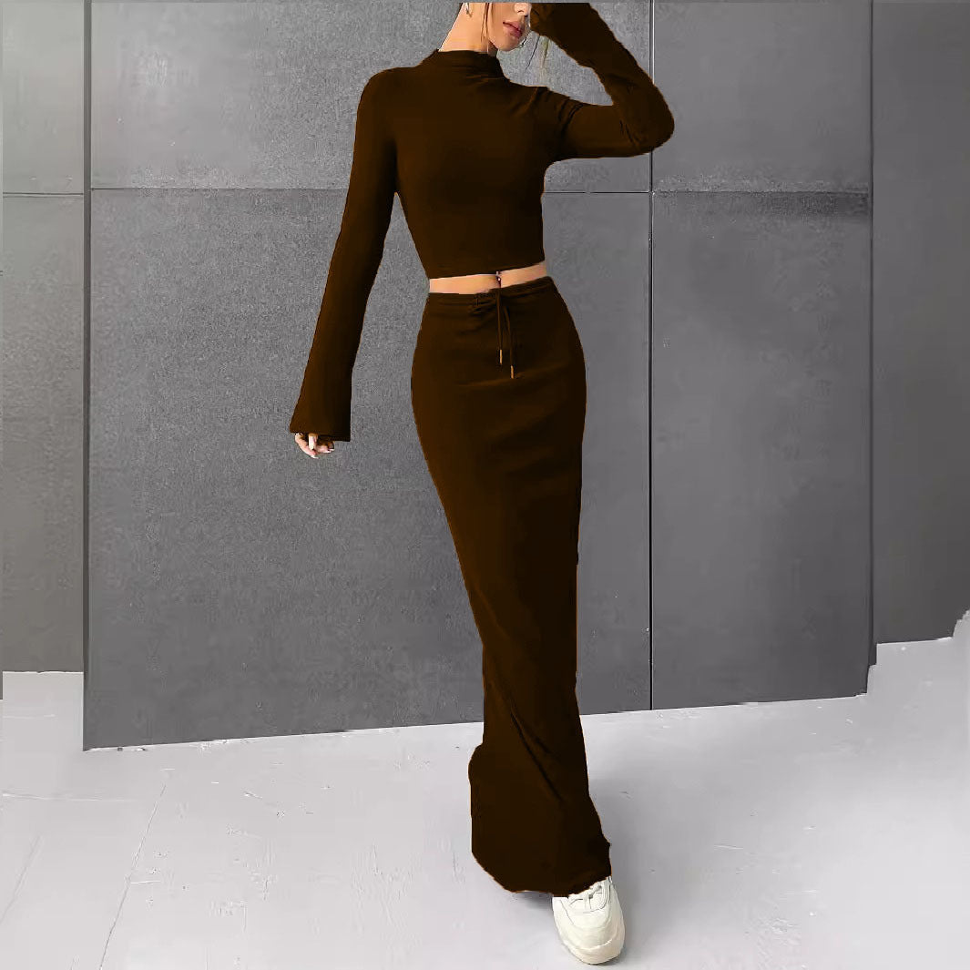 Damen Elegantes und komfortables Crop-Top mit langem Ärmel und Maxi-Rock R&B