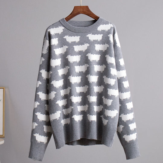 Damen Gemusterter Strickpullover mit Schafmotiven R&B