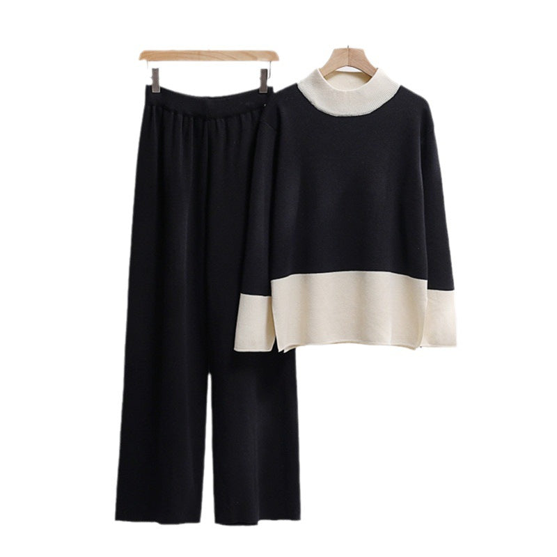 Damen elegantes Strick-Loungewear-Set mit weitem Bund und dekorativem Kragen R&B