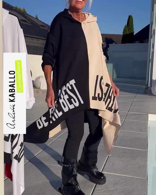 Damen nan weit geschnittener Kapuzenponcho mit asymmetrischem Zipfelsaum und großflächigem Statement-Print R&B