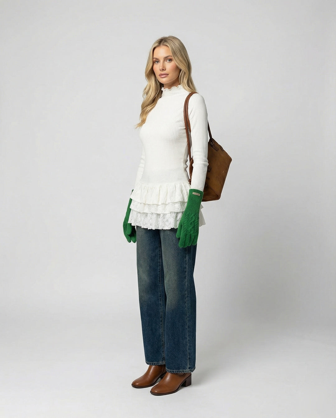 Elegantes Damen Langarmshirt Slim Fit mit hohem Stehkragen Weiß