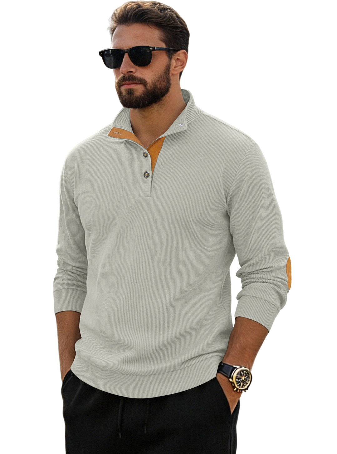 Herren nan fein gerippter Strickpullover mit Polokragen Knopfleiste und Ellenbogenbesatz R&B