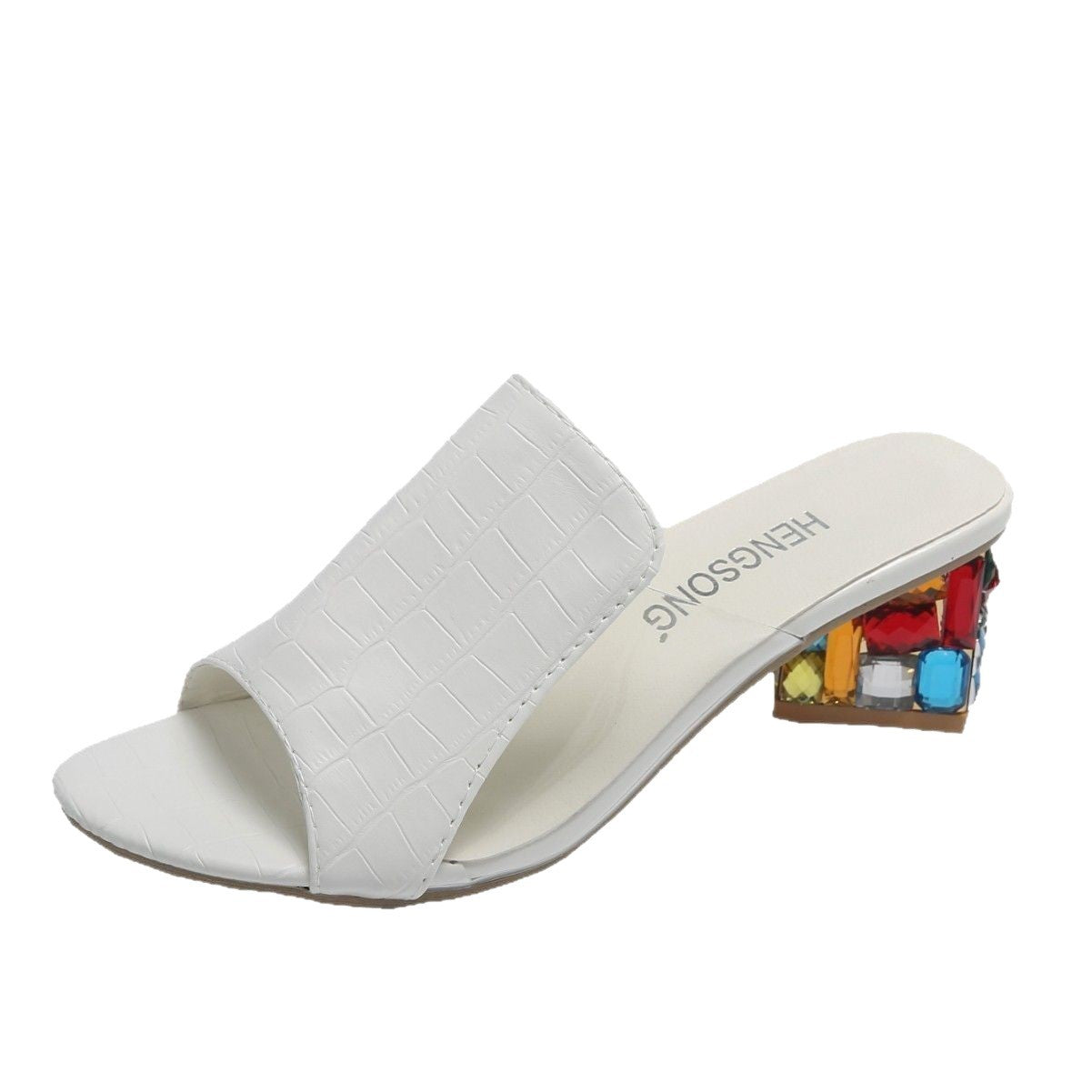 Damen Mules mit buntem Blockabsatz und eleganter Oberflächenstruktur