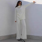 Damen Strick-Loungewear-Set mit hohem Kragen und weitem Bein R&B