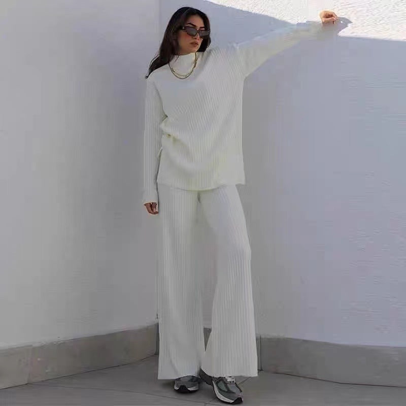 Damen Strick-Loungewear-Set mit hohem Kragen und weitem Bein R&B