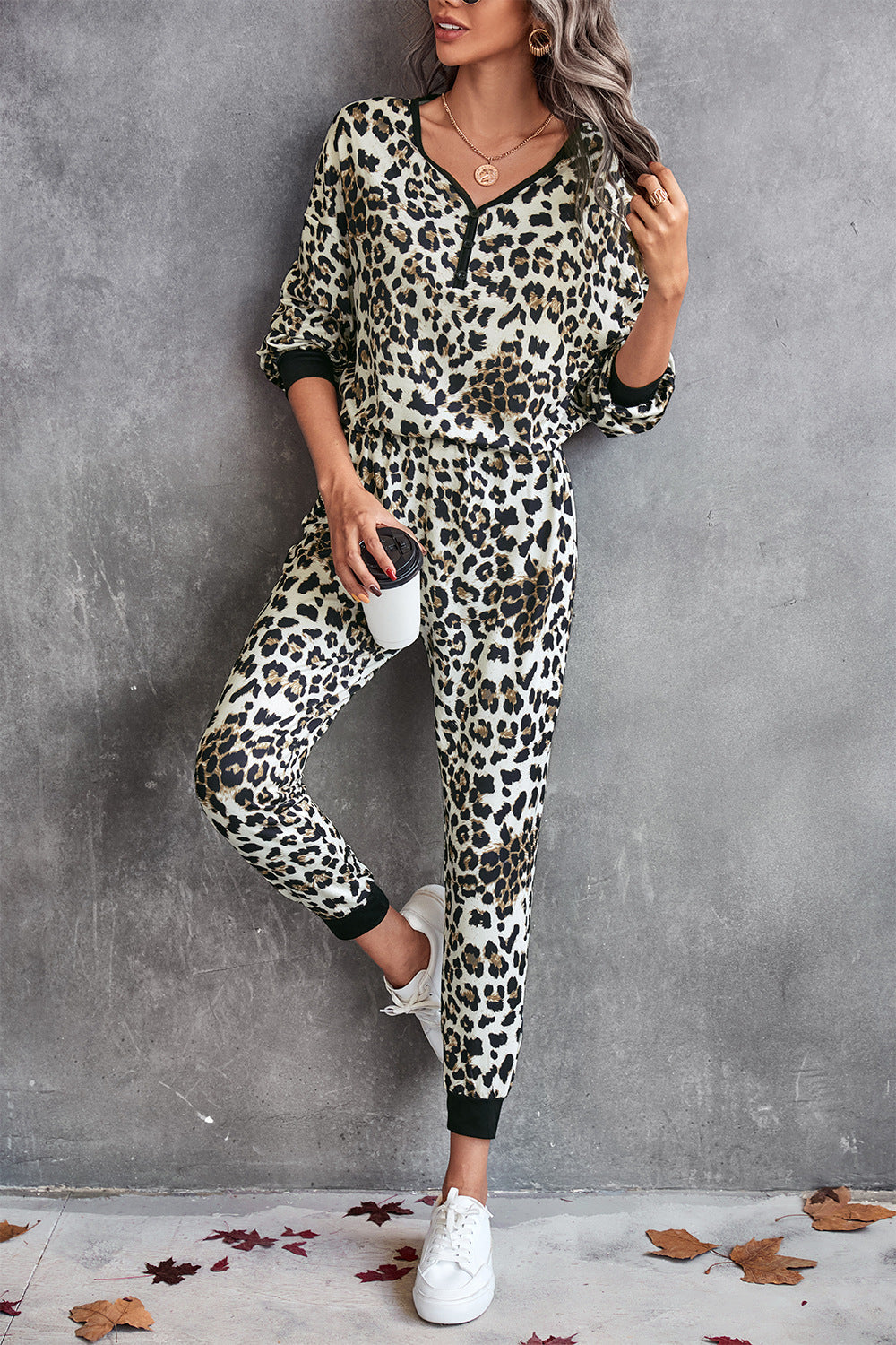 Damen Leo-Print Jogginganzug mit breitem Taillenbund und modischen Bündchen R&B
