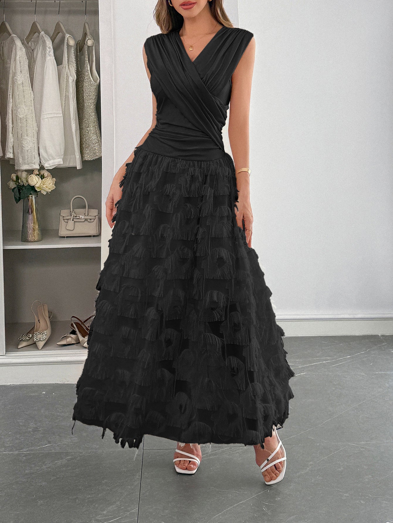 Damen Maxi-Faltenkleid mit Fransen R&B