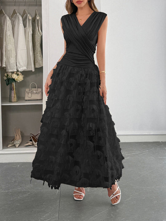 Damen Maxi-Faltenkleid mit Fransen R&B