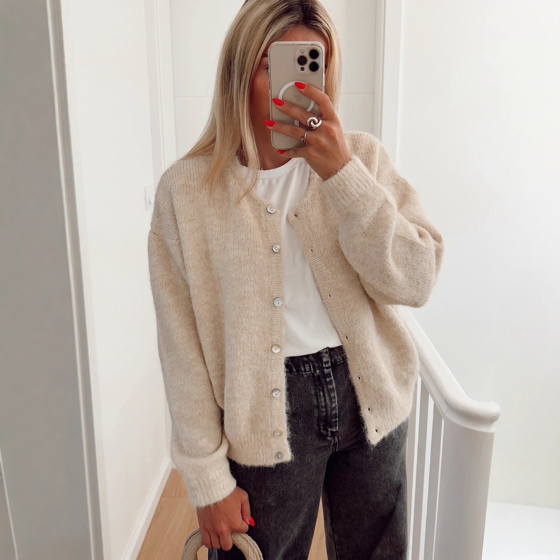 Damen weiche Strickjacke mit eleganter Knopfleiste und lässigem Schnitt R&B