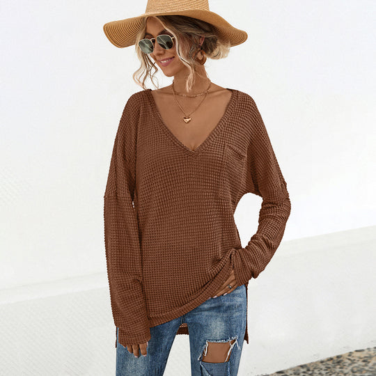 Damen lässiges Langarmshirt mit V-Ausschnitt und praktischer Brusttasche R&B