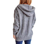 Damen lockerer Strickpullover mit Kapuze und dekorativen Knöpfen R&B