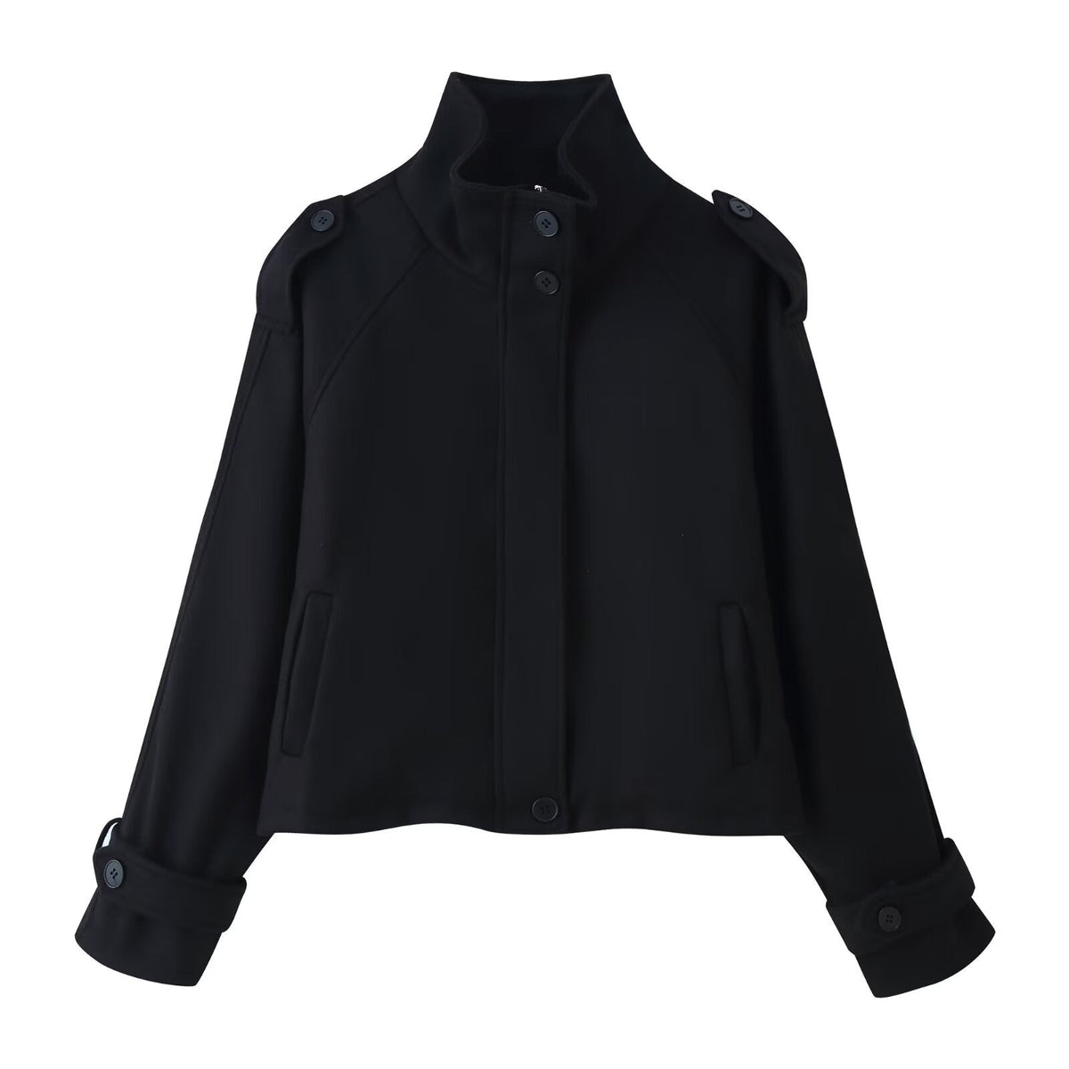 Damen nan kurze Wolljacke mit Stehkragen, Schulterklappen, verdeckter Knopfleiste und verstellbaren Manschetten R&B