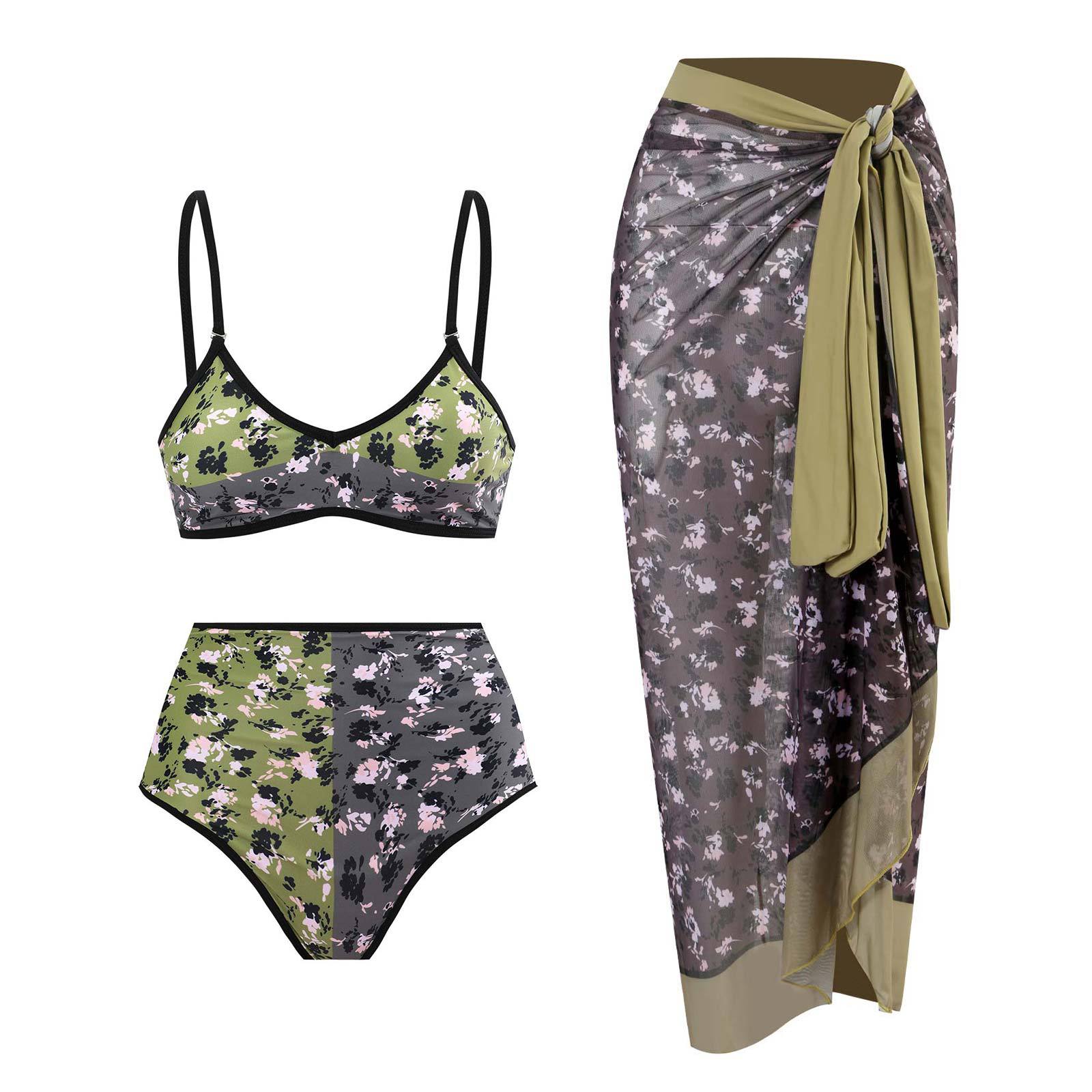 Damen Hochgeschnittener Bikini mit floralem Muster und kontrastierendem Detail R&B