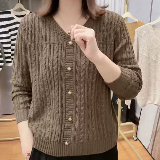Damen Strickjacke mit feinem Zopfmuster und eleganten Perlenknöpfen R&B