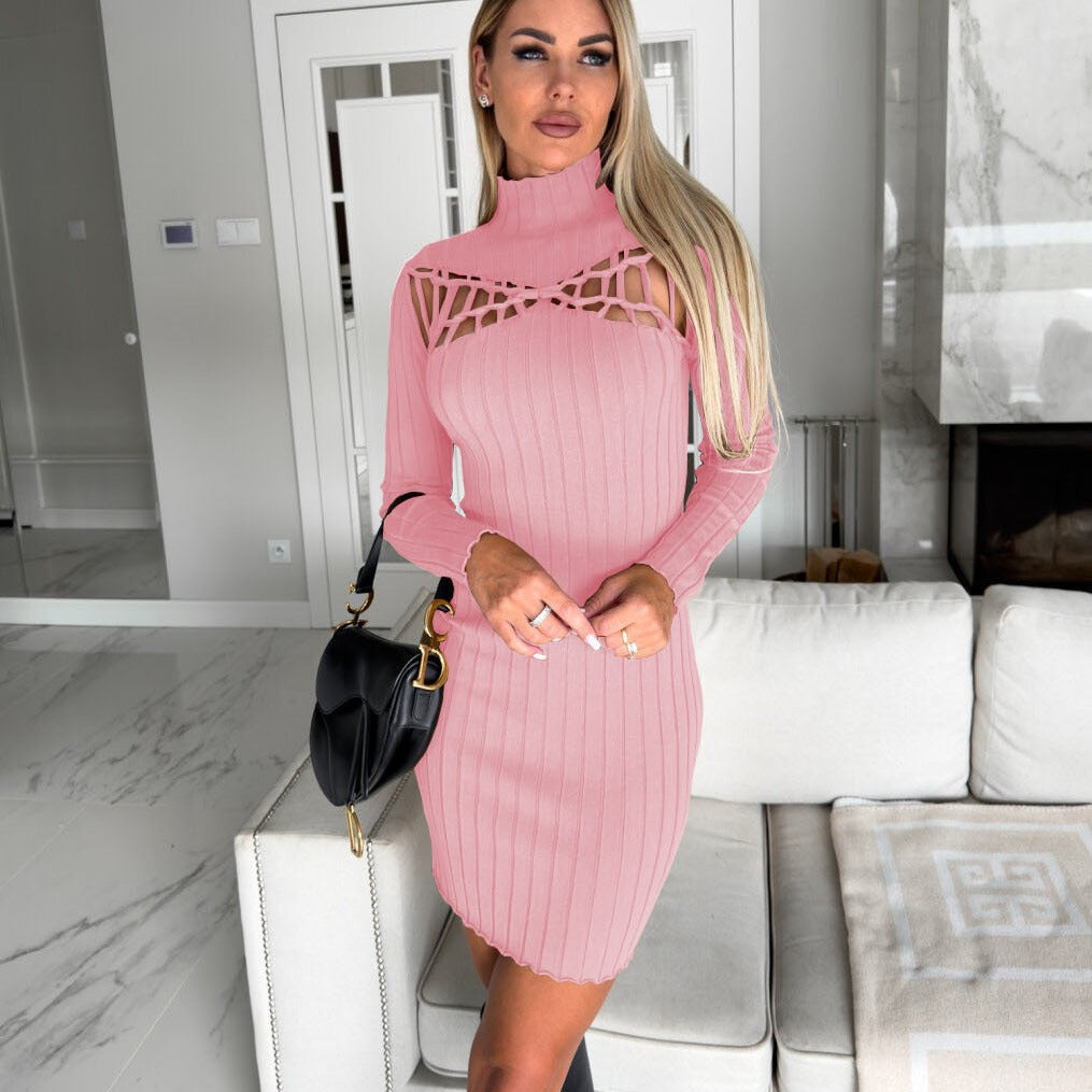 Damen figurbetontes Strickkleid mit Ausschnitt und Langarm R&B