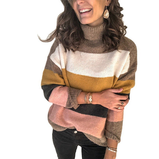 Damen modischer Strickpullover mit lässigem Rollkragen und farbiger Blockgestaltung R&B