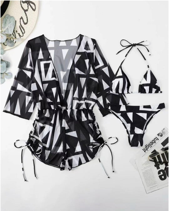 Damen Bikiniset mit transparentem Überwurf und modischem geometrischen Muster R&B