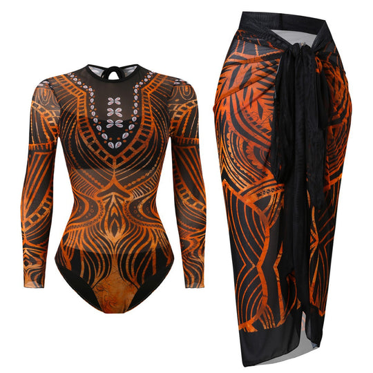 Damen Badeanzug mit elegantem transparentem Wickelrock R&B