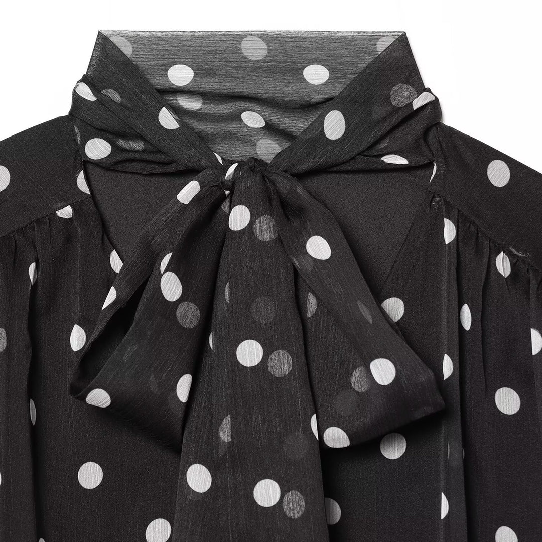 Damen transparente Bluse mit Schleifenkragen im Polka-Dot-Design R&B