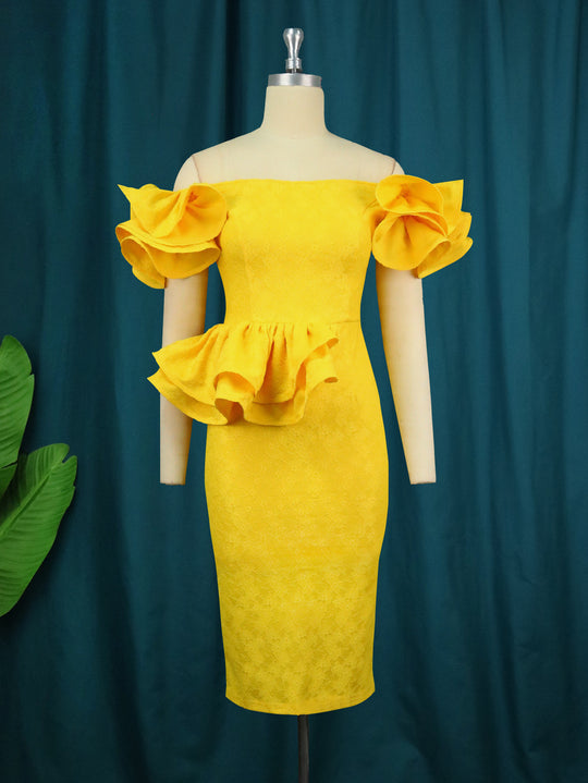 Damen figurbetontes Cocktailkleid mit voluminösen Rüschenärmeln R&B