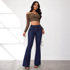 Damen Flared Jeans mit hohem Schnitt und eleganten Knopfdetails R&B
