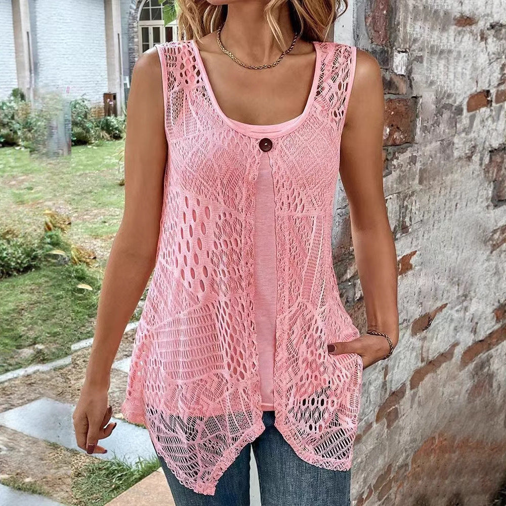 Damen nan zweilagiges Häkel-Overlay mit Jersey-Innentop, Ein-Knopf-Verschluss und asymmetrischem Zipfelsaum R&B