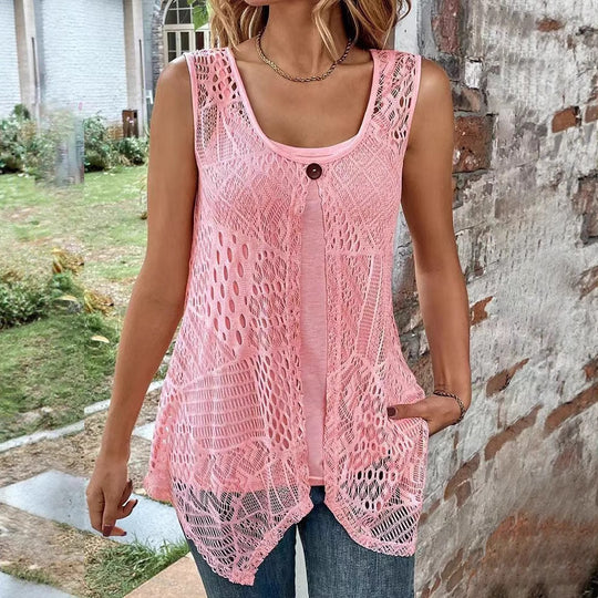Damen nan zweilagiges Häkel-Overlay mit Jersey-Innentop, Ein-Knopf-Verschluss und asymmetrischem Zipfelsaum R&B