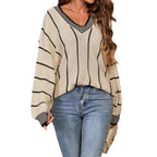 Damen Großer Strickpullover im lässigen Oversized-Stil mit V-Ausschnitt und Streifenmuster R&B