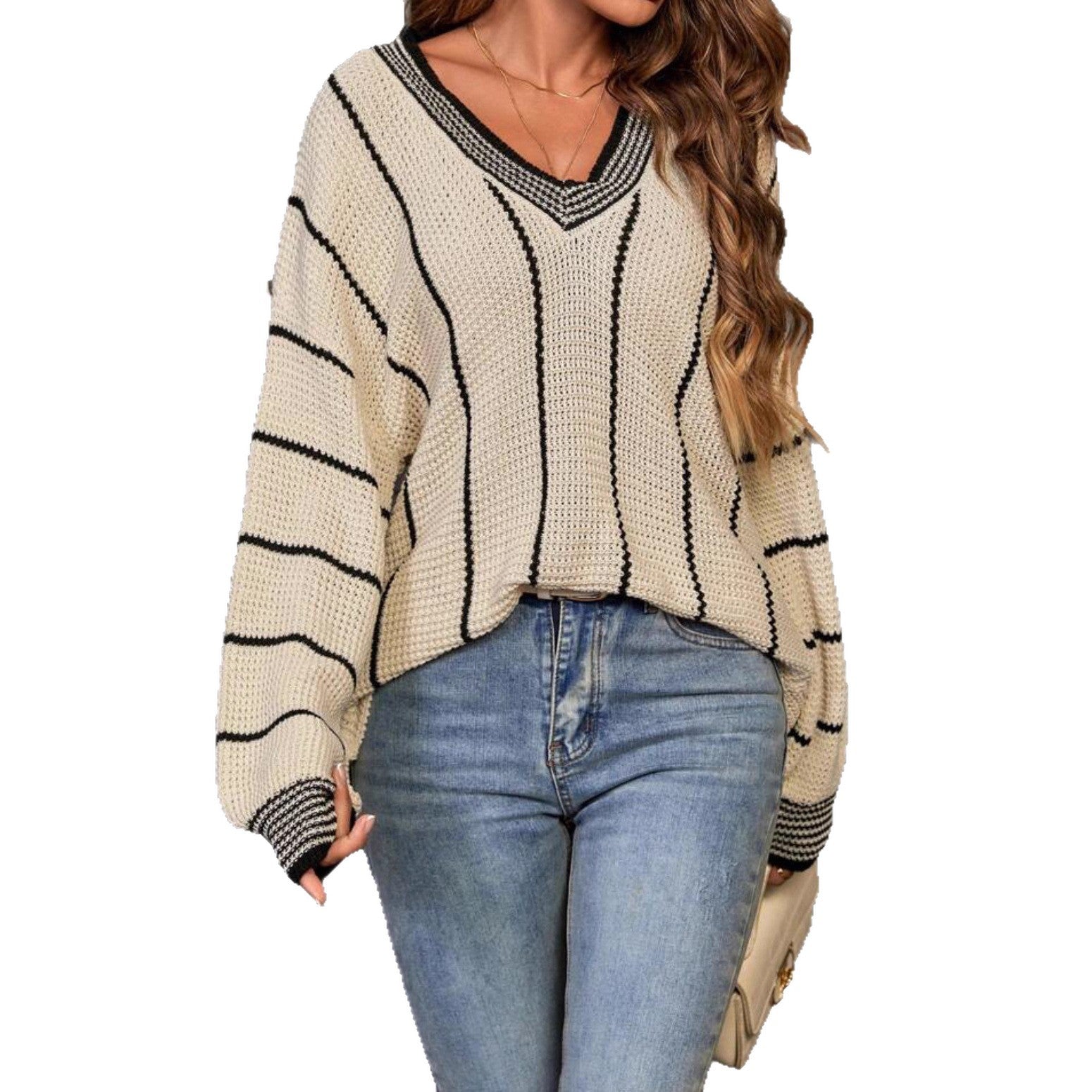 Damen Großer Strickpullover im lässigen Oversized-Stil mit V-Ausschnitt und Streifenmuster R&B