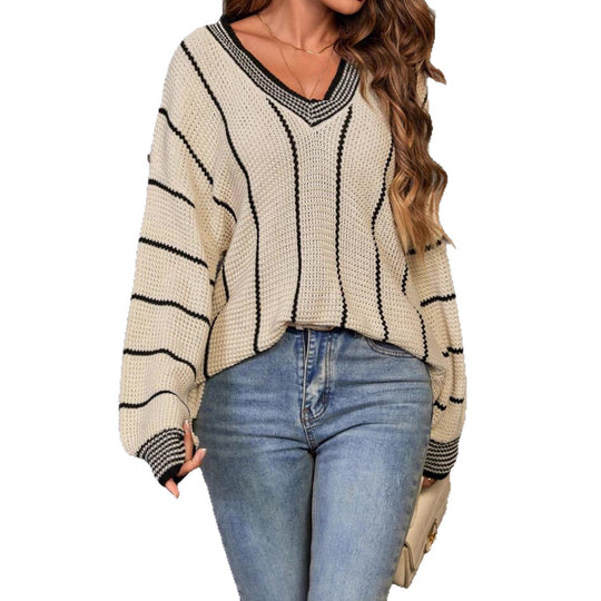 Damen Großer Strickpullover im lässigen Oversized-Stil mit V-Ausschnitt und Streifenmuster R&B