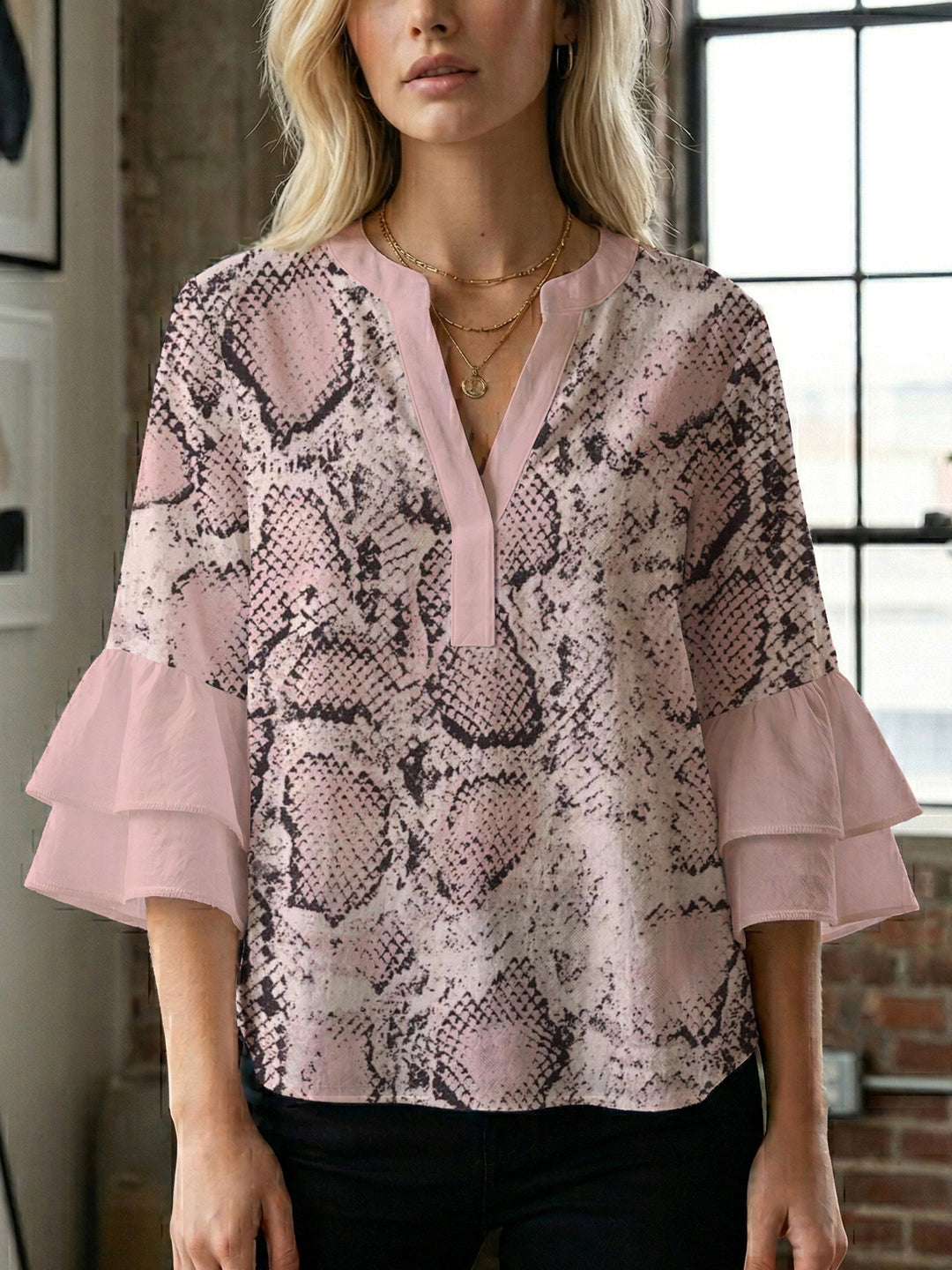 Damen lässige Bluse mit Volantärmeln und botanischem Druck R&B