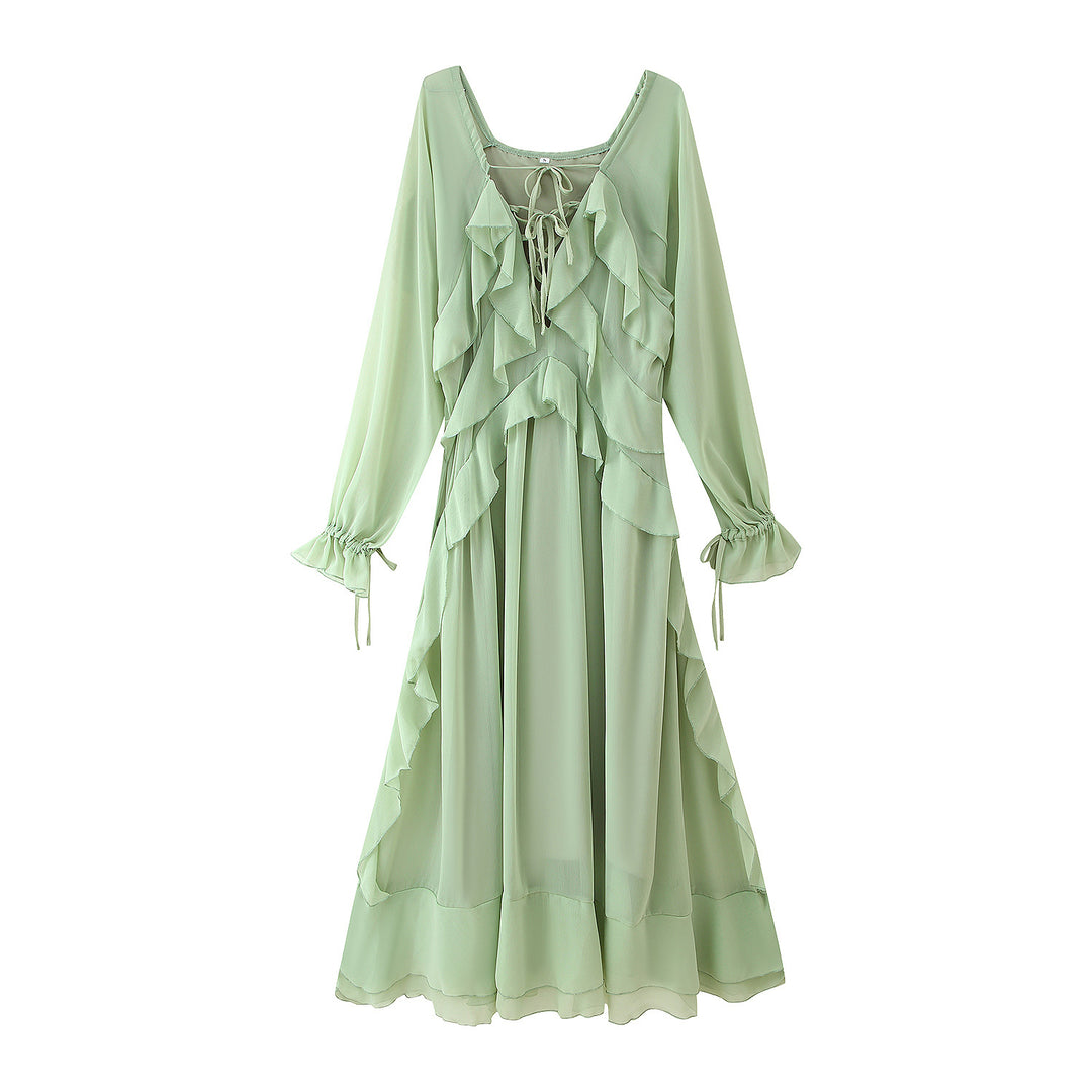Damen Rüschen-Maxikleid mit eleganten Bindebändern und lässiger Passform R&B