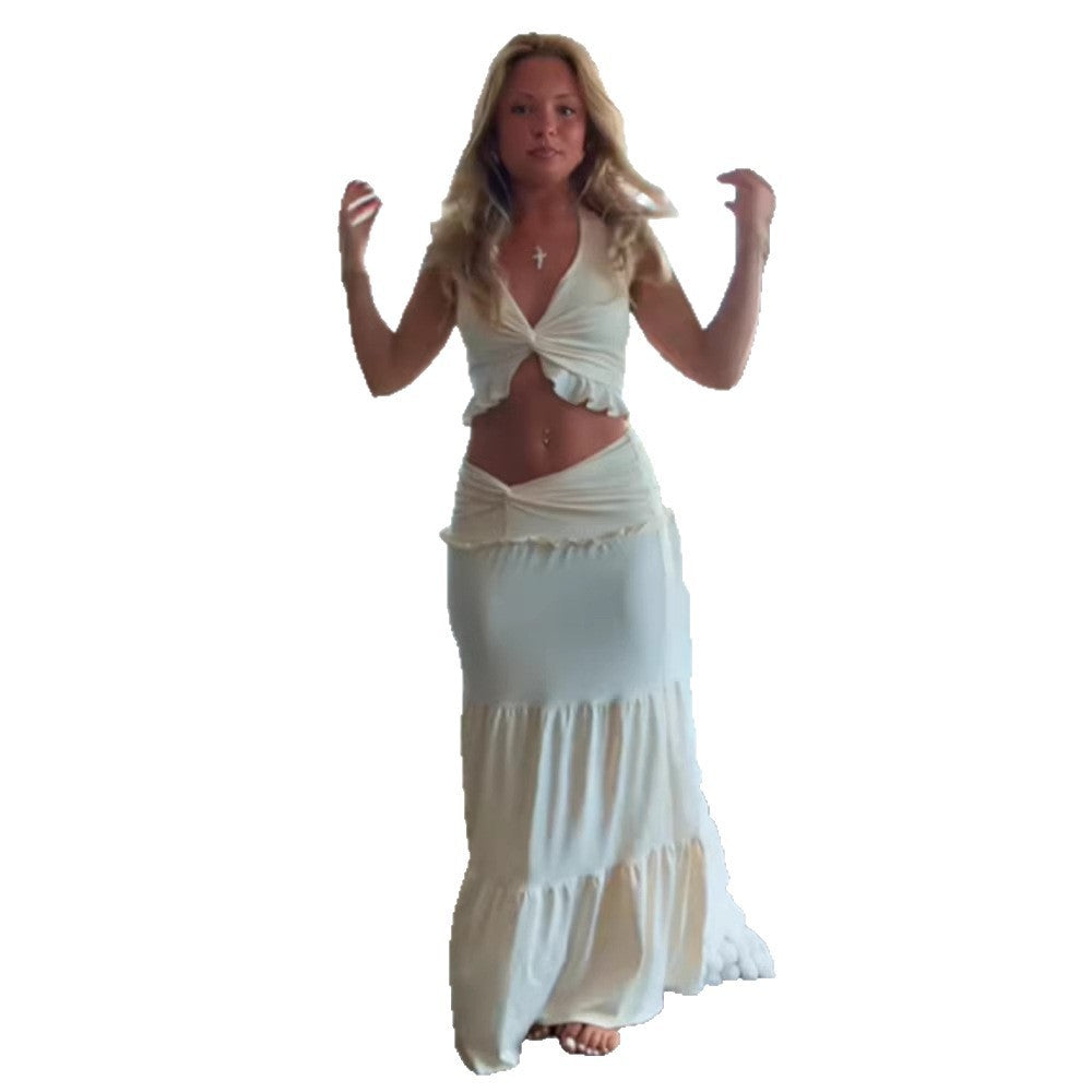 Damen Maxikleid mit raffiniertem Knoten-Design und Rüschen R&B