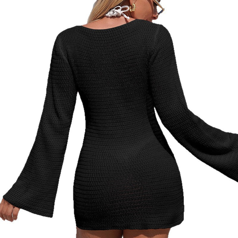 Damen Häkel-Strandkleid mit tiefem V-Ausschnitt und Glockenärmeln R&B