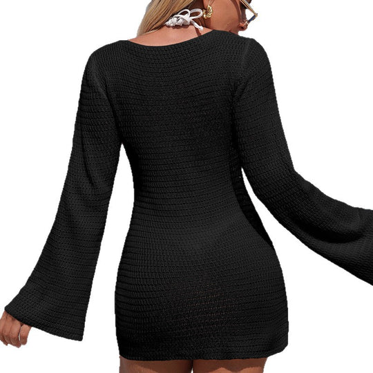 Damen Häkel-Strandkleid mit tiefem V-Ausschnitt und Glockenärmeln R&B