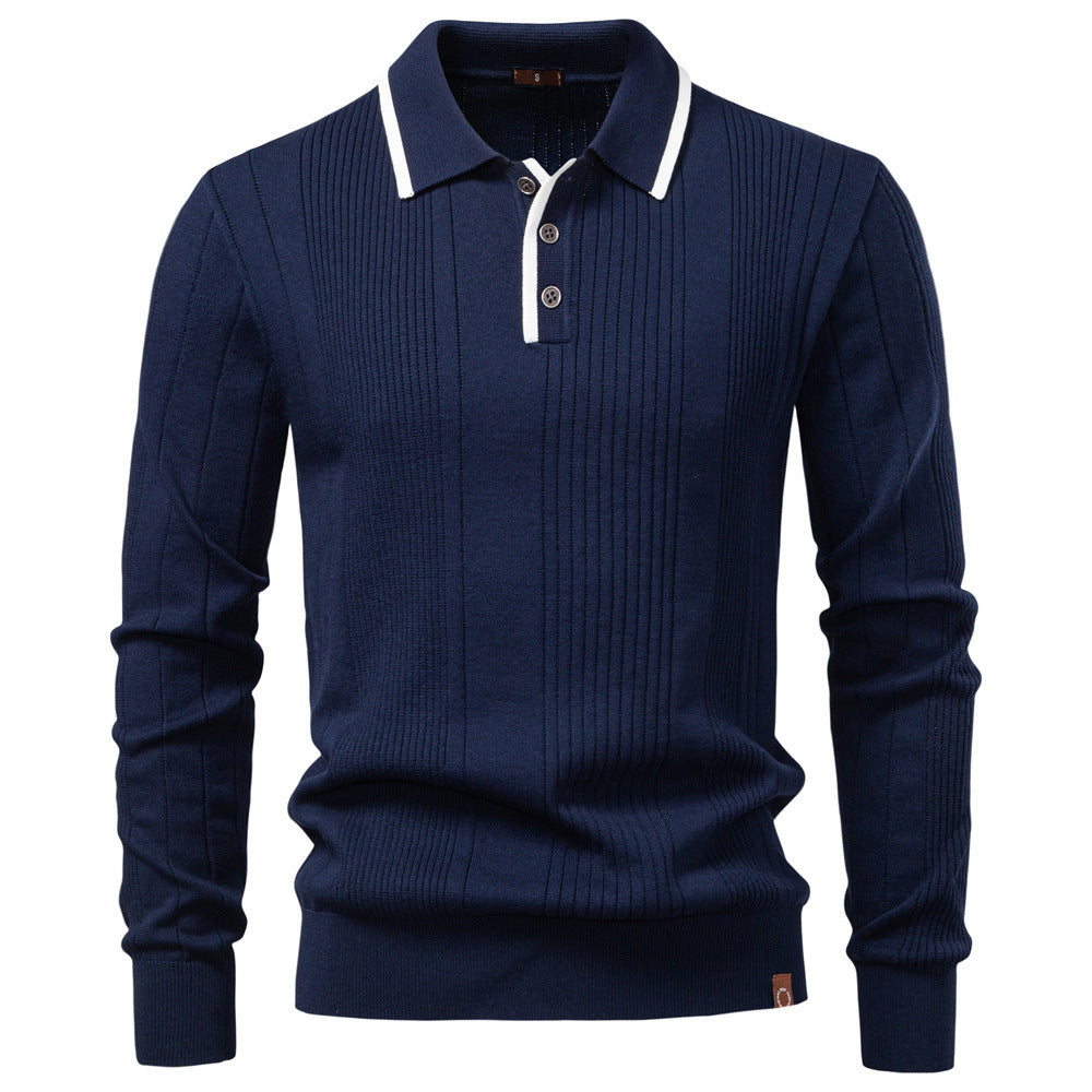Herren nan langärmeliger Polopullover aus Feinstrick mit vertikalen Rippenintarsien und Kontrastkanten R&B
