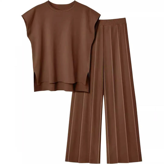 Damen elegantes Set mit kurzärmligem Oberteil und plissierter Hose R&B