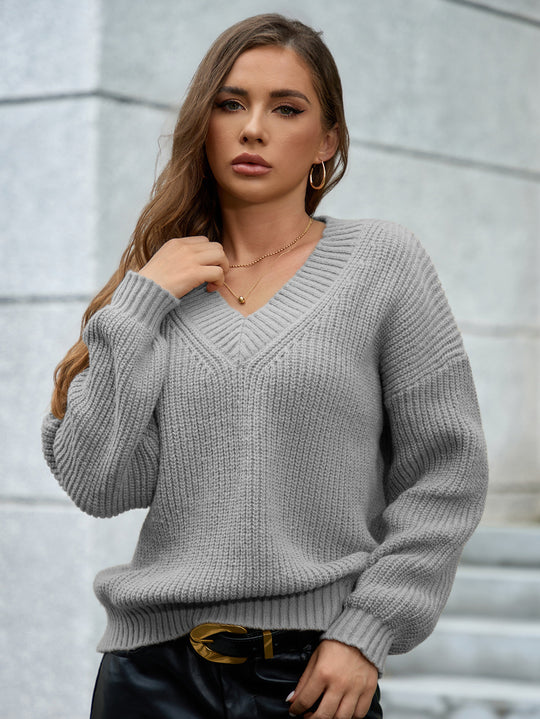 Damen gemütlicher V-Ausschnitt Strickpullover mit lockerem Schnitt und strukturiertem Muster R&B